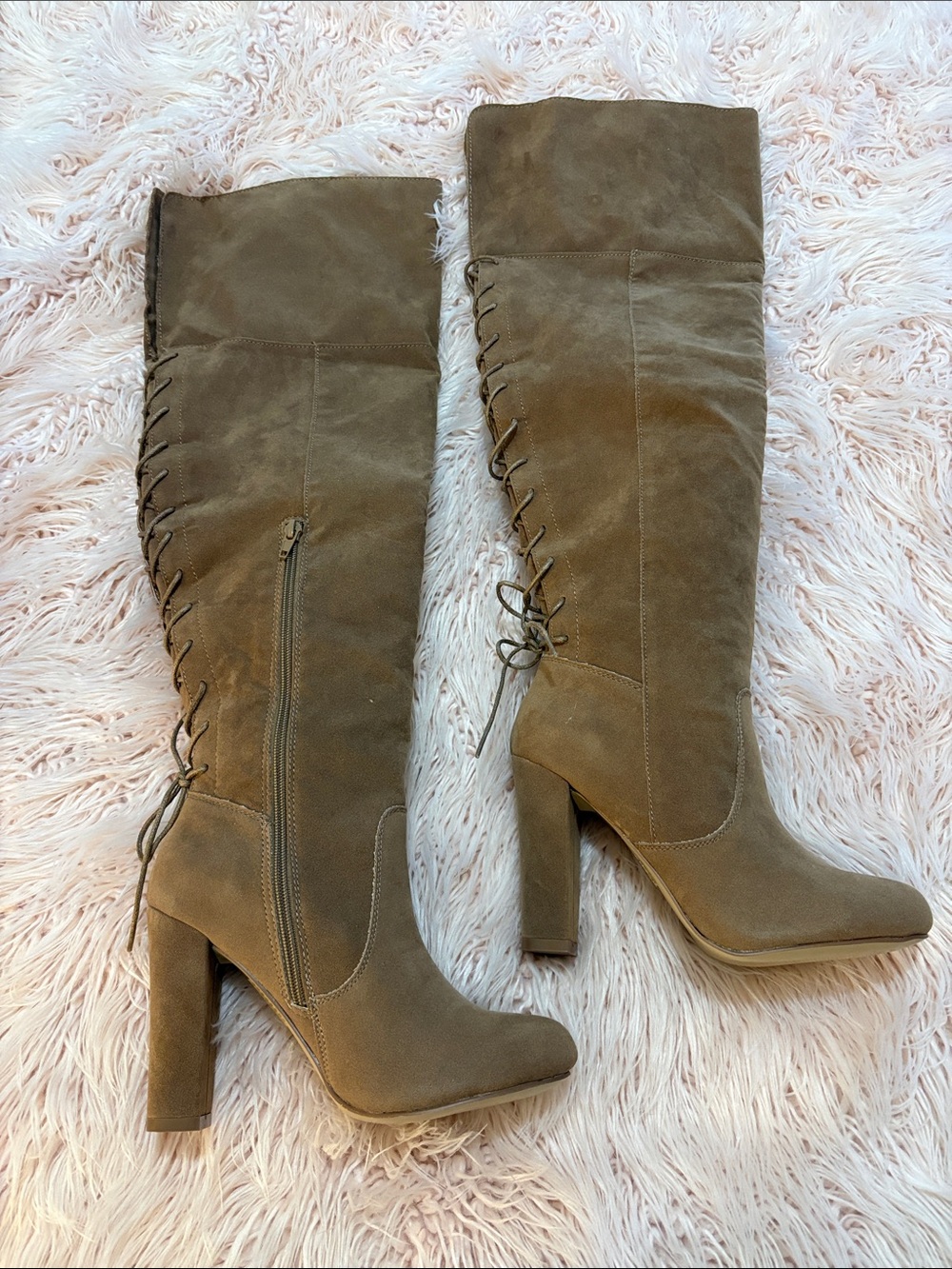 JustFab Taupe Over-the-Knee Lace-Up Block Heel Boots
